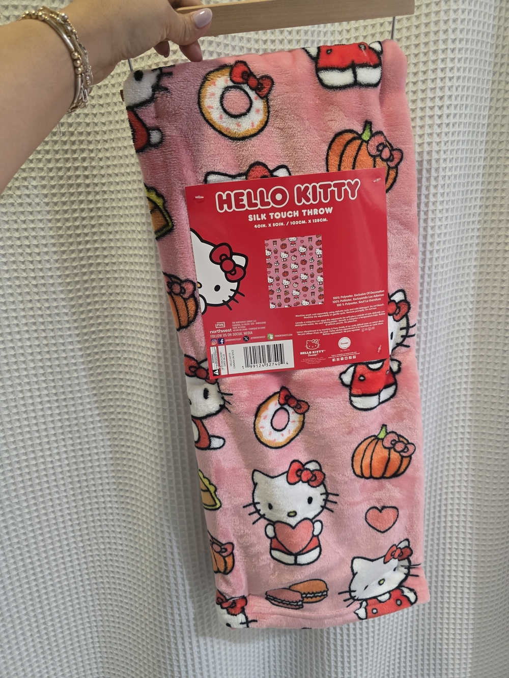 Hello Kitty Pink Throw Blanket with Pumpkins, Donuts & Hearts